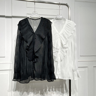 宽松显瘦防晒上衣潮 女夏新款 气质V领褶皱雪纺荷叶边长袖 衬衫