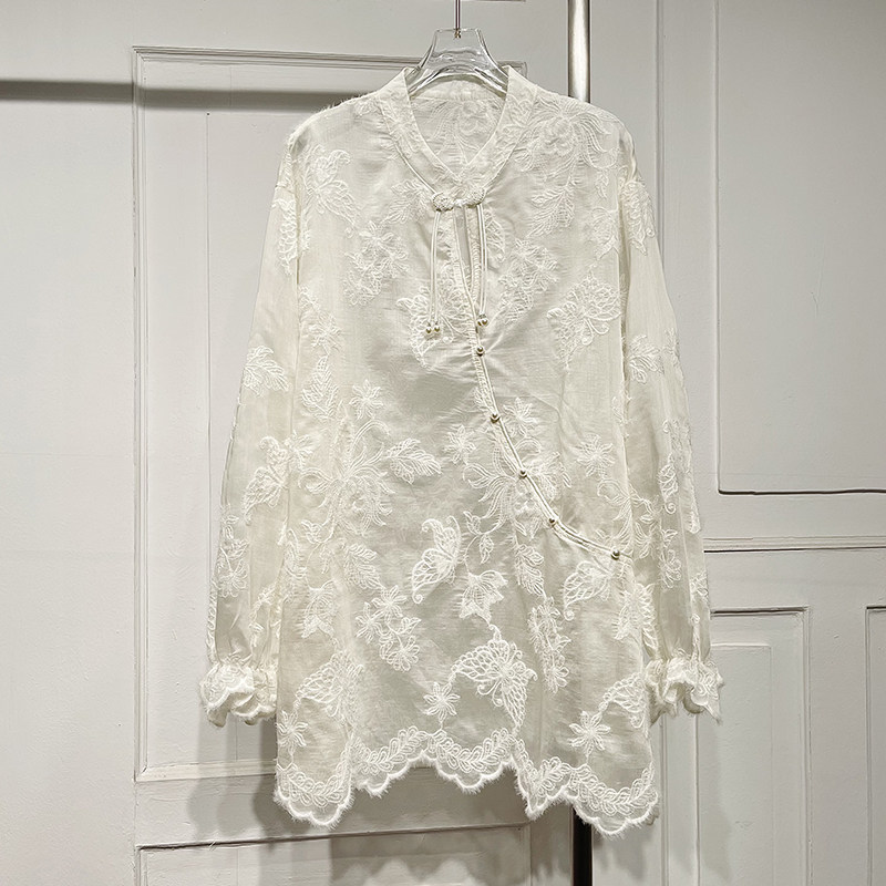 新中式国风天丝刺绣甜美衬衫洋气