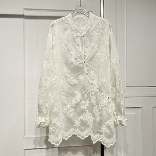 新中式盘扣流苏天丝刺绣衬衫女冬季新款宽松显瘦纯色中长上衣