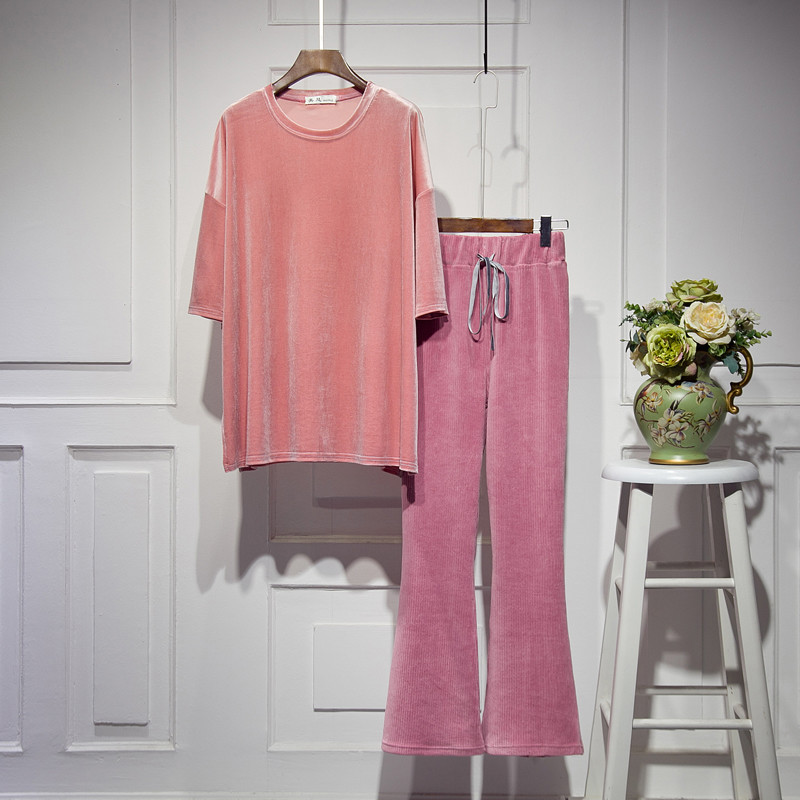 中长款七分袖丝绒T恤大码上衣