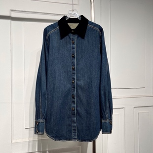 港风复古多扣拼接丝绒牛仔衬衫女冬新款宽松显瘦减龄中长上衣