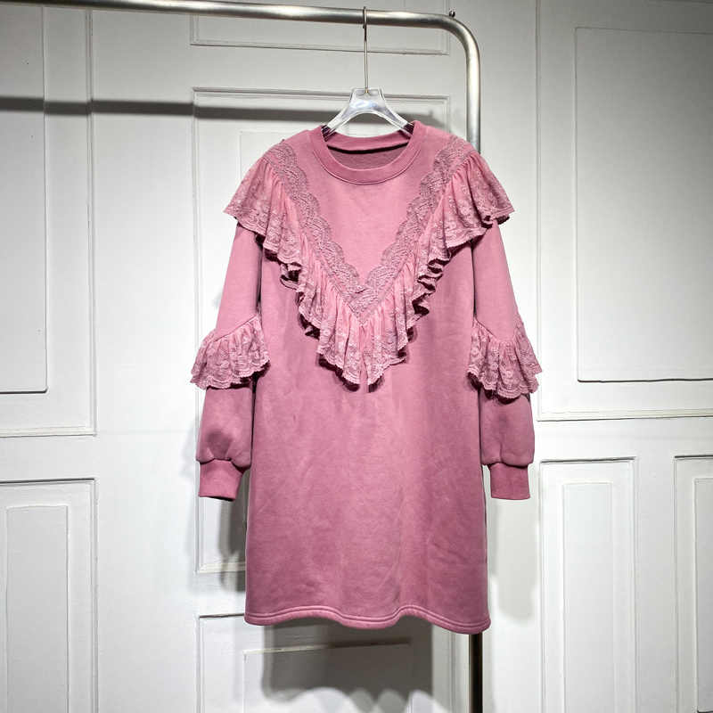 甜美宽松卫衣纯色拼接蕾丝连衣裙