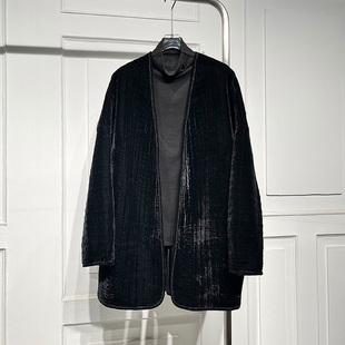 高级感V领无扣丝绒薄棉服女秋新款 百搭通勤气质洋气中长外套