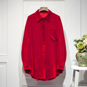 新款 中长款 翻领宽松长袖 秋季 丝绒衬衫 女轻奢休闲单排扣上衣潮