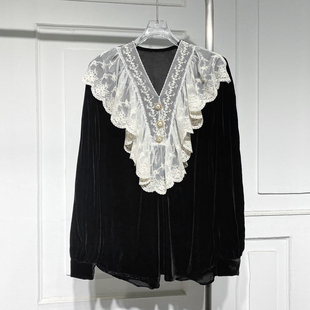 高级洋气衬衣显瘦上衣潮 新款 复古V领蕾丝套头真丝丝绒衬衫 女冬季