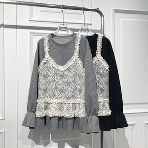 韩版时尚甜美拼接蕾丝马甲卫衣女冬季新款舒适打底中长上衣潮搭