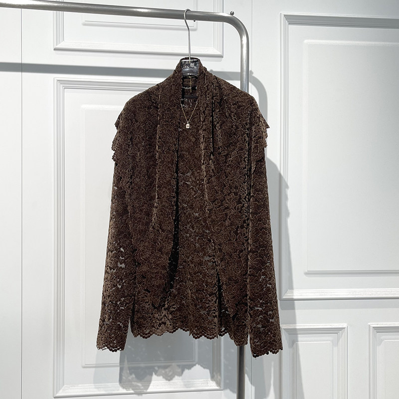 优雅气质植绒蕾丝长袖披肩衬衫女2025秋季新款宽松显瘦中长两件套