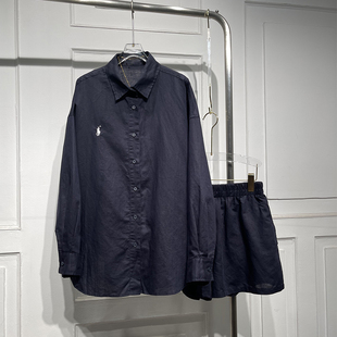 短裤 时尚 宽松显瘦舒适防晒衬衫 女春夏新款 潮 气质刺绣亚麻套装