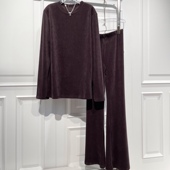 复古纯色细条绒套装 女秋冬新款 圆领衬衫 时尚 高腰微喇休闲裤 潮