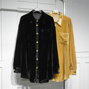 复古轻奢长袖真丝丝绒衬衫女冬季新款简约通勤气质显瘦上衣潮