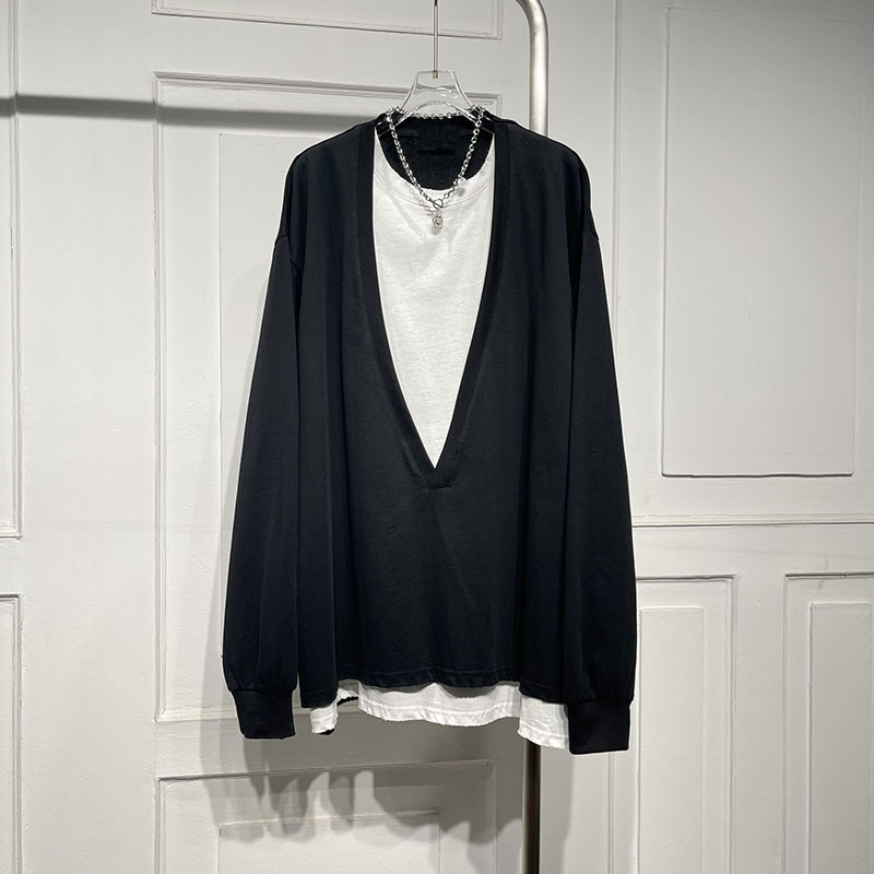 日系黑白撞色叠穿宽松显瘦T恤潮