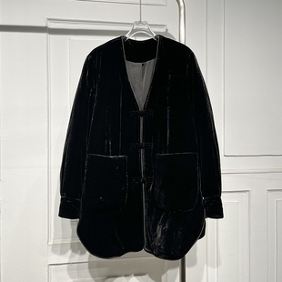 通勤气质高级感丝绒V领棉外套女冬新款 百搭显瘦保暖中长棉服