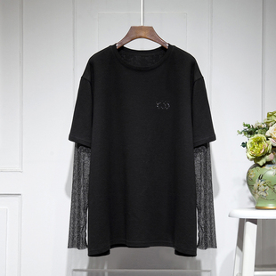 假两件上衣 烫钻T恤女宽松显瘦休闲时尚 2021春新款 拼接亮丝网纱袖