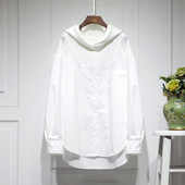 百搭设计感时尚 连帽纽扣拼接套头衬衫 女早春新款 宽松显瘦卫衣