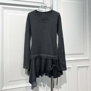 女2025冬新款 拉绒小衫 显高显瘦中长上衣 百搭设计感拼蕾丝长袖 时尚