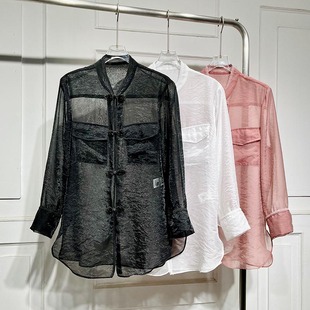 中国风长袖盘扣衬衫女春季新款宽松显瘦气质薄透暮云纱上衣潮