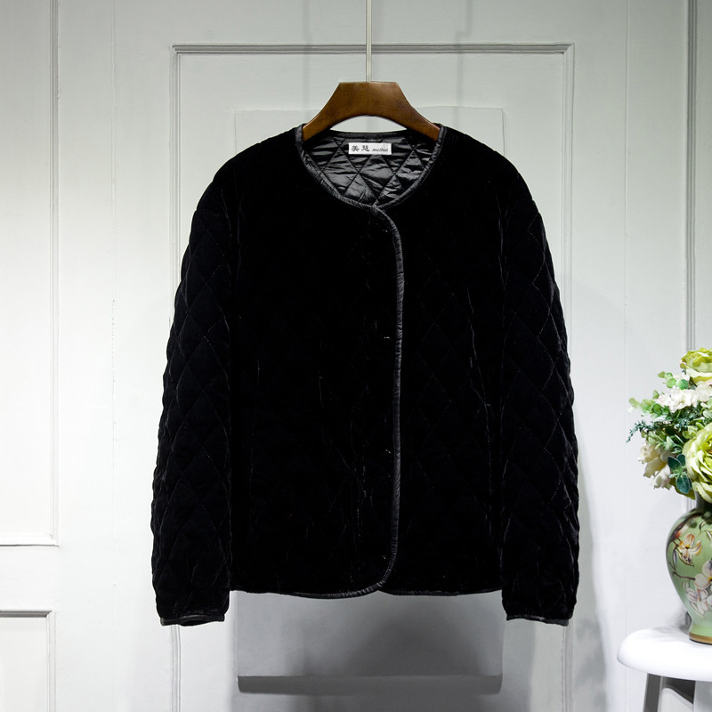 菱形格丝绒秋冬百搭复古保暖棉服