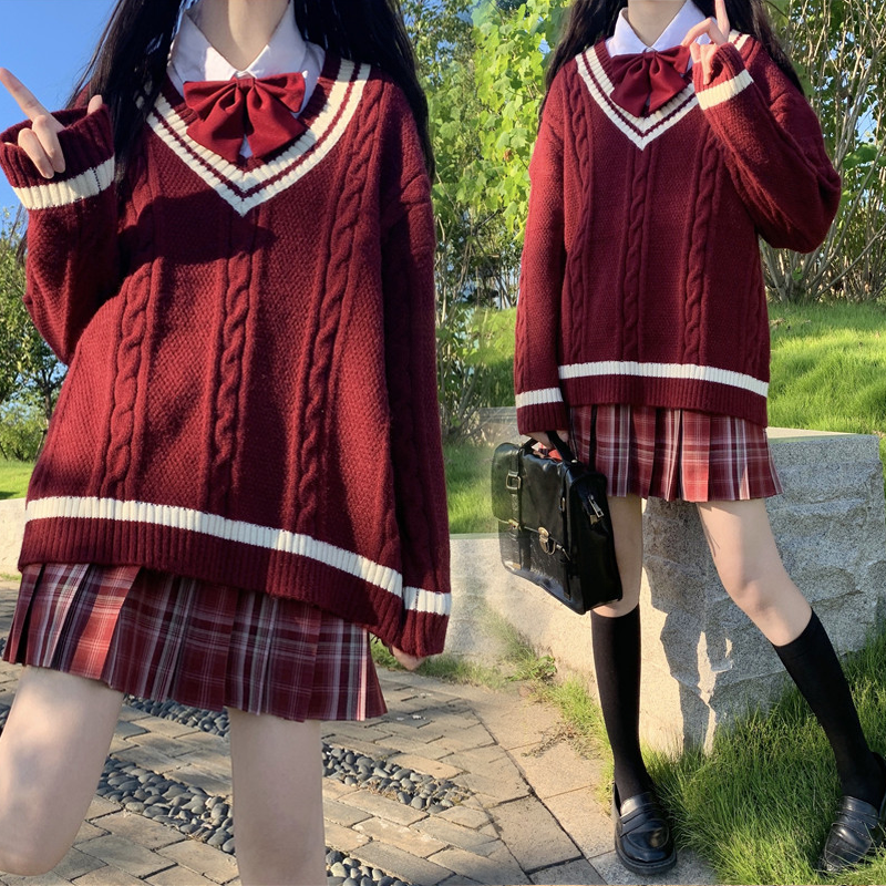 秋冬学院风jk套装全套制服裙圣诞红毛衣外套zk衬衫三件套装小个子