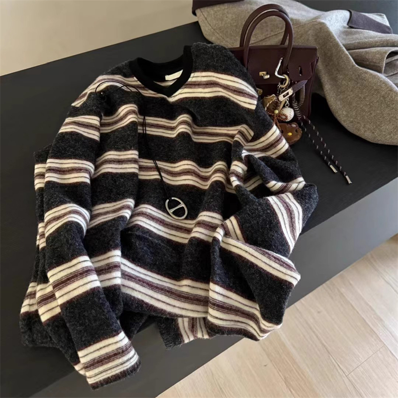 韩系懒惰风条纹毛绒长袖T恤针织衫25秋冬季新款加绒加厚百搭上衣