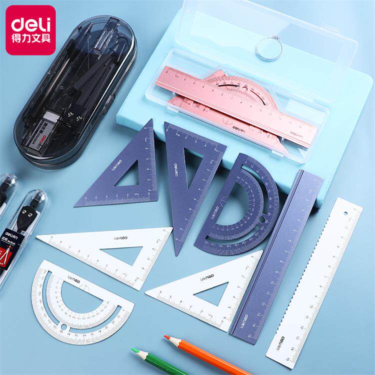 得力金属套尺绘图四件套尺子中小学生用三角板量角器考试直尺套装韩国简约可爱儿童多功能绘画4件套文具用品