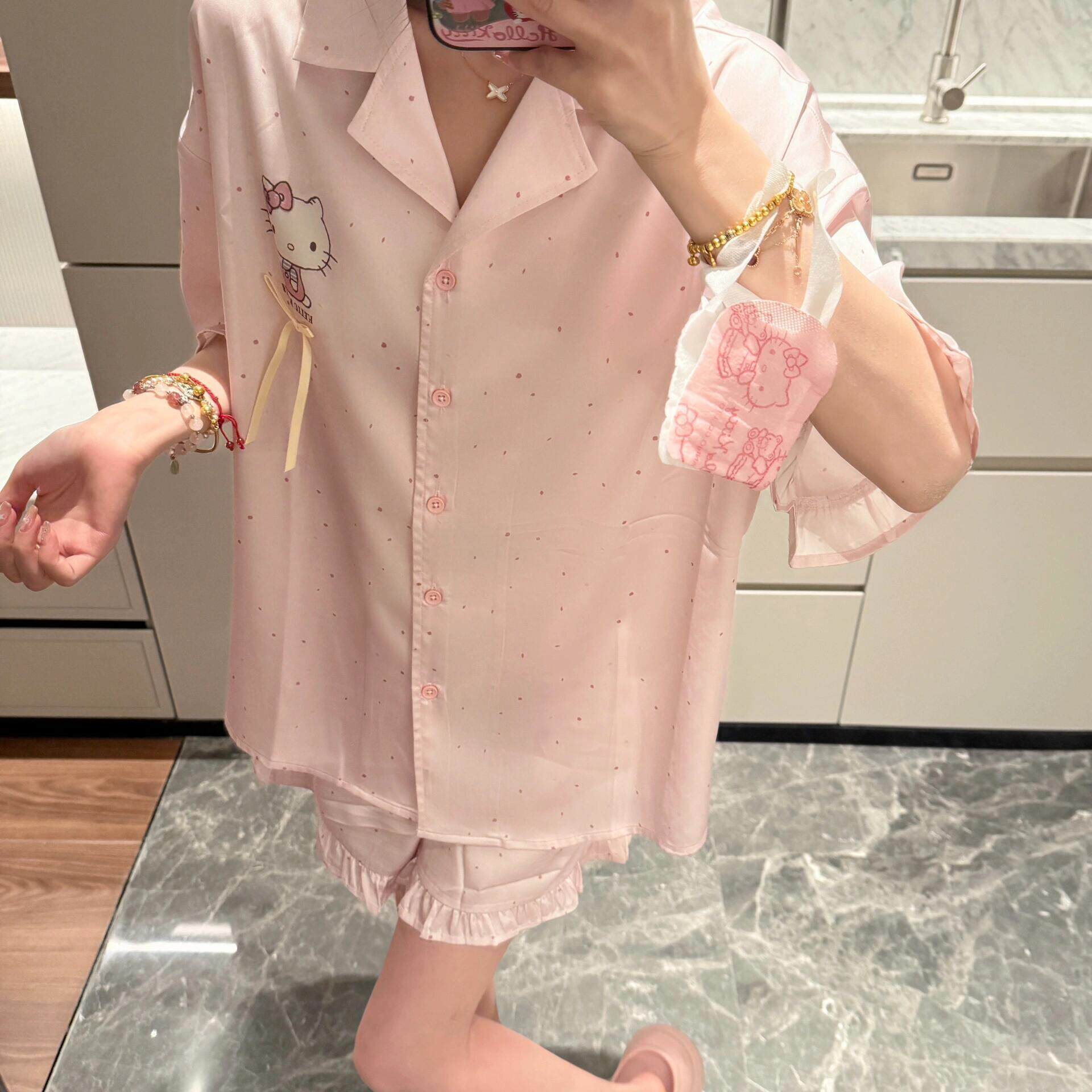 韩国东大门带胸垫睡衣女夏短袖冰丝粉色可爱kt小猫家居服甜美