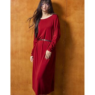 【盛都】25秋冬新复古温柔慵懒风羊毛天丝连袖腰带红内搭长连衣裙
