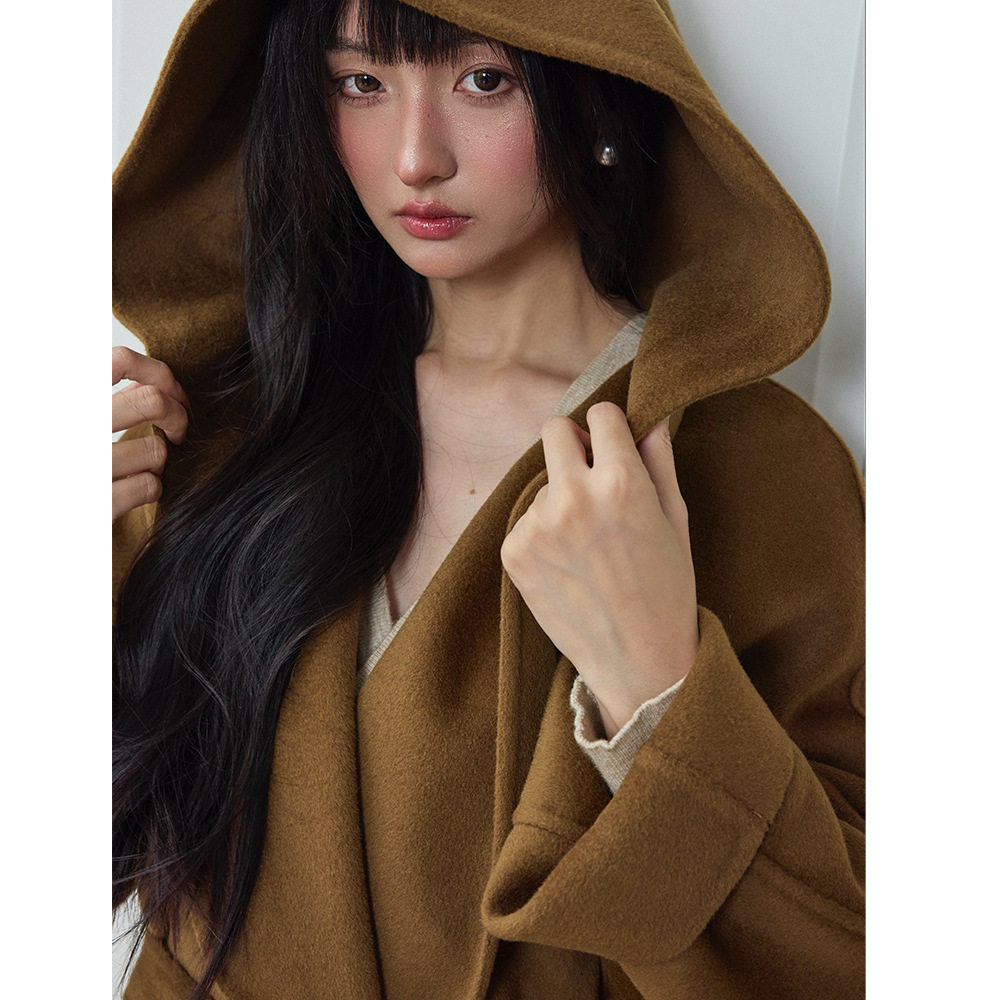 【盛都】25冬新复古慵懒风浴袍连帽100%羊毛长款双面呢大衣外套女