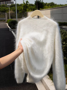 云雾感拉毛100%山羊绒衫女半高领氛围感拉绒长袖长毛宽针织松毛衣