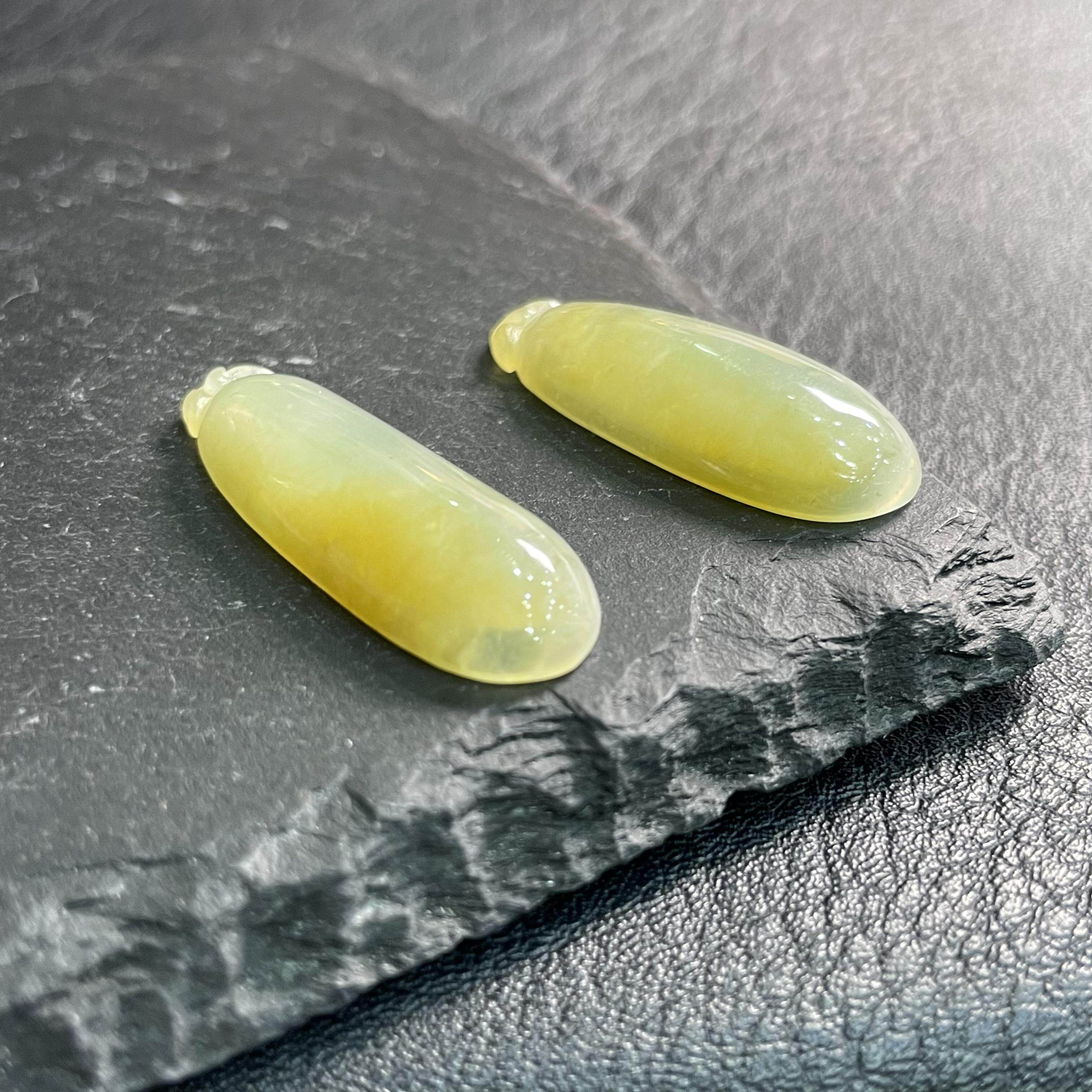 缅甸天然翡翠A货冰糯种天然色黄翡翠福瓜裸石吊坠双胞胎挂件一对
