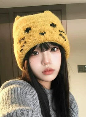 猫耳朵帽子女款秋冬大头围针织帽韩系百搭保暖防寒防风可爱毛线帽