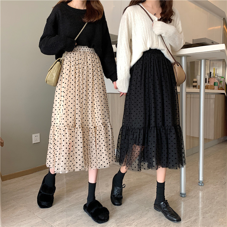 Real price Korean version mid long double layer mesh wave dot skirt A-line skirt women's high waist slim long skirt