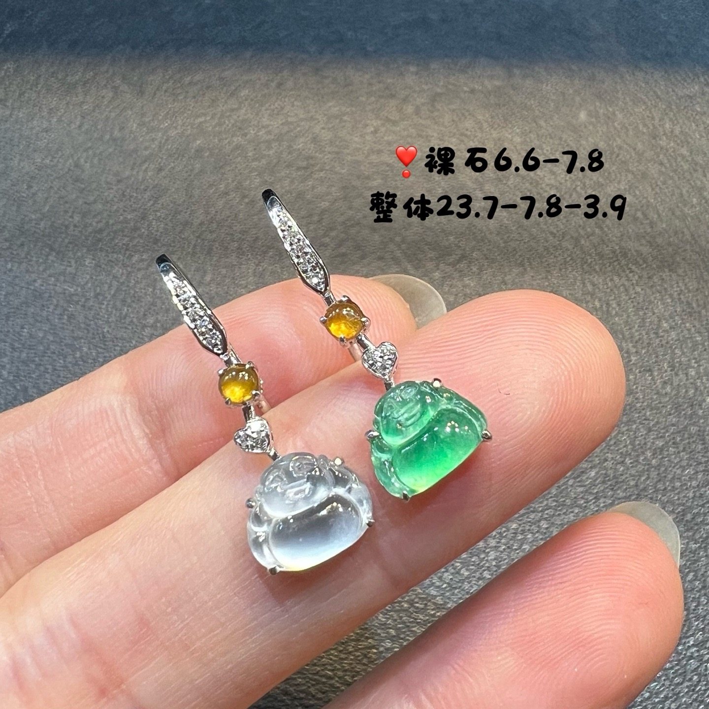 18k金钻石镶嵌冰种起光阳绿翡翠佛公耳坠精品百搭送证书