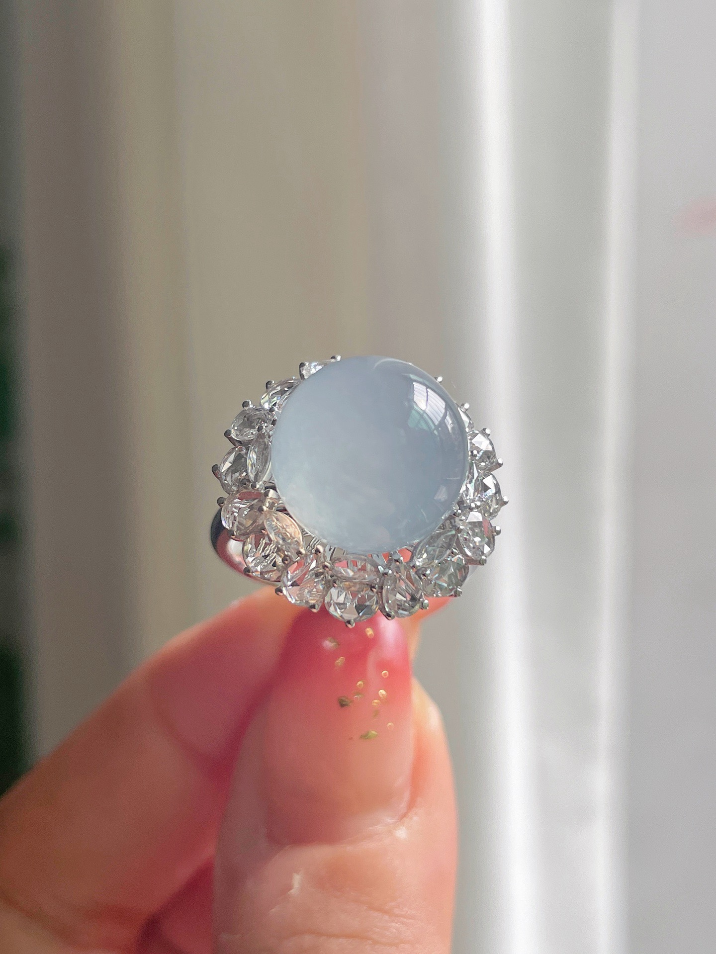 18k金钻石镶嵌高冰蓝翡翠珠子戒指精品百搭送证书卡12.7