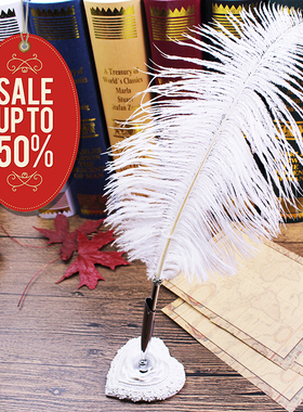 鸵鸟圆珠笔带白色心形笔座组合欧式复古精美婚礼用家居摆件签字笔