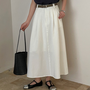 95折GN春秋高腰显瘦A字中长裙纯色半身裙纯棉裙子送腰带有内衬女