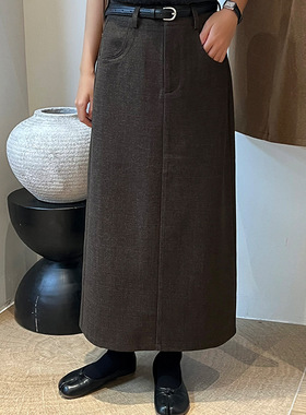 翡格依GN2024冬季新款磨毛直筒裙高腰显瘦中长裙毛呢半裙送腰带女