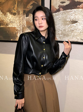 翡格依冬季黑色短款翻领皮衣女