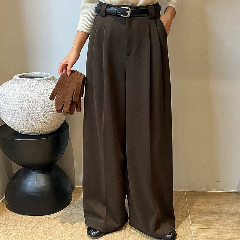 翡格依GN裤子女冬毛呢高个长裤高腰显瘦宽松休闲西装裤送腰带