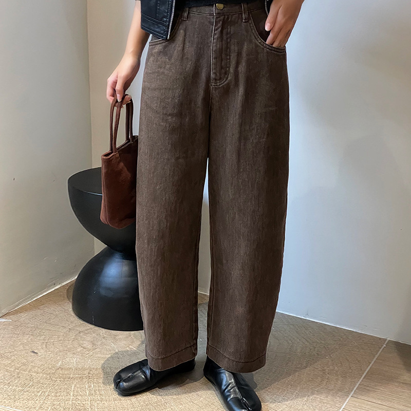 翡格依GN加厚牛仔裤女秋棕色纯棉休闲裤纯色薄垂感直筒裤送腰带