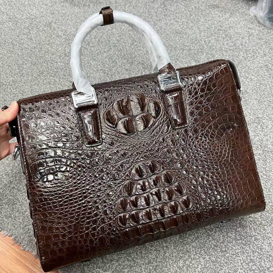 鳄鱼皮男包男士斜挎包手提商务高档真皮公文包大容量深棕色公文包