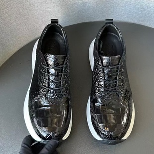 纯真鳄鱼皮男鞋2025新轻质舒适耐磨防滑系带运动休闲男士真皮鞋子