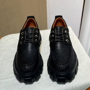 全真鸵鸟皮男鞋2025新款黑色厚底增高耐磨防滑工装鞋男款休闲皮鞋