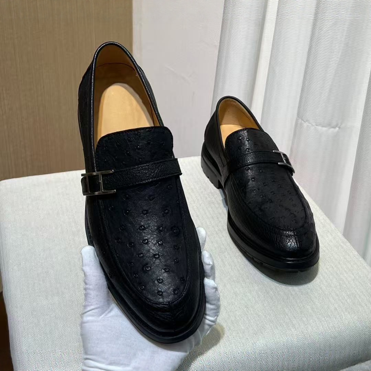 皮鞋男款乐福鞋全鸵鸟皮莱曼犀牛