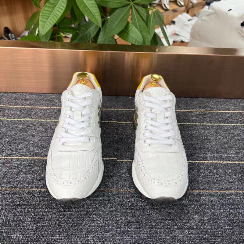 进口白色鳄鱼皮男鞋春夏款厚底圆头耐磨欧美时尚个性刺绣休闲皮鞋