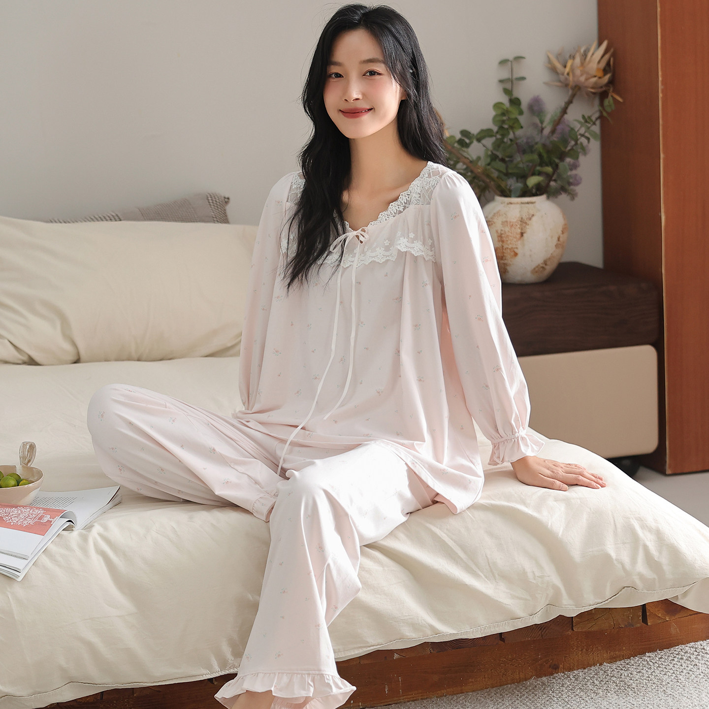 女款纯棉蕾丝花边套头睡衣2026新款女士春秋季宽松长袖长裤家居服