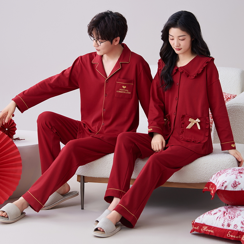 2025新款红色春秋情侣睡衣秋冬柔软纯棉长袖男女士结婚家居服套装
