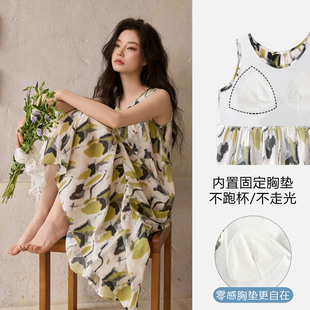 带胸垫睡裙女款无袖背心中长裙轻奢风天丝莱赛尔梭织棉纱布可外出