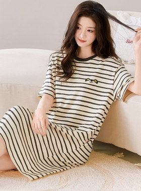 睡裙女士纯棉夏季薄款短袖过膝中长裙睡衣夏天全棉女款家居服薄款