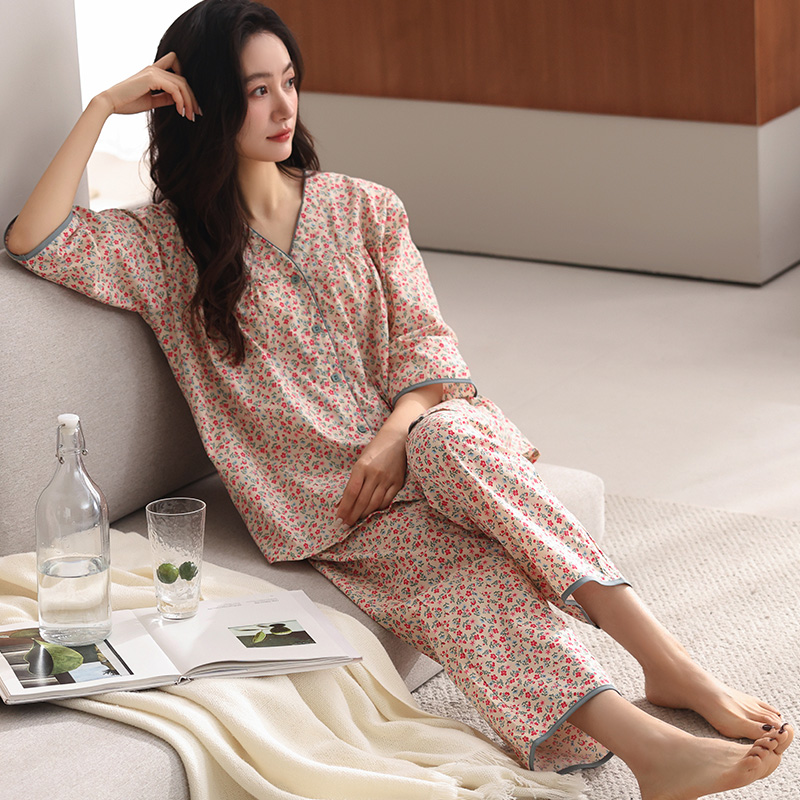 100%纯棉睡衣女夏季七分短袖九分裤夏天薄款全棉加大码家居服套装