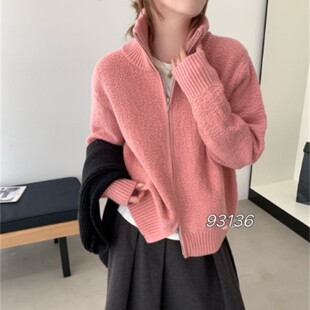 慵懒风双拉链立领针织开衫女2025冬季新款柔软厚实百搭毛衣外套潮